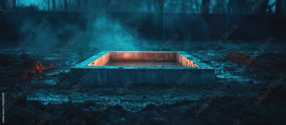 Poster cement slab being poured in a yard creating a square foundation showcasing construction and concrete