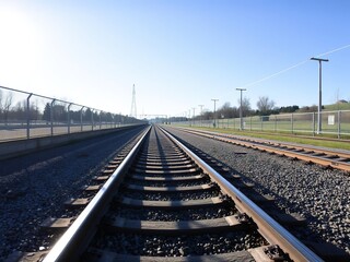sunlight casting long shadows across the track, golden hour, horizon, countryside
