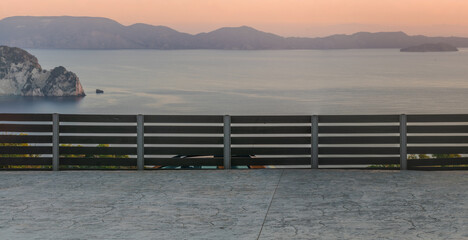 cgi backplate production.Concrete parking lot with railings and view of islands and sea