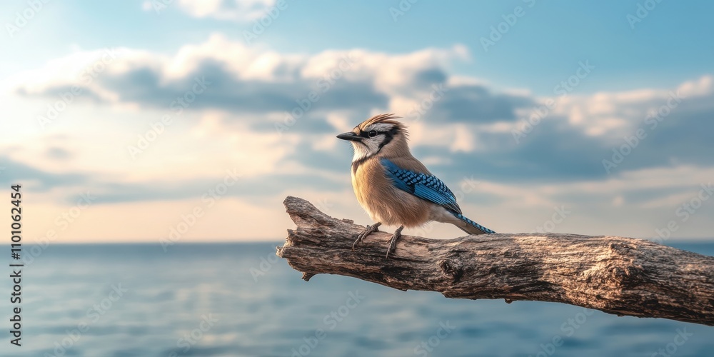 Aufkleber a vibrant bird perched on a branch by the serene ocean, under a sky filled with soft clouds, capturi