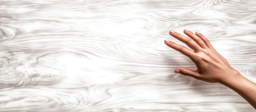 Asian woman's hand interacting with a smartphone on a white wooden table background showcasing modern technology and communication concepts