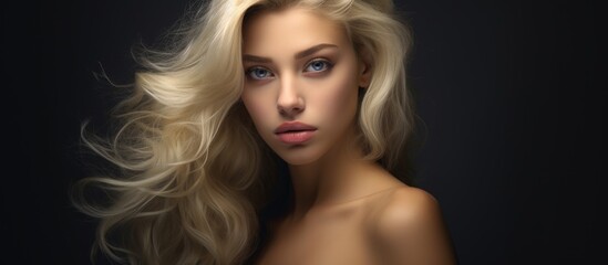Obraz premium Elegant portrait of a beautiful blonde model with flowing hair and captivating gaze against a dark background.