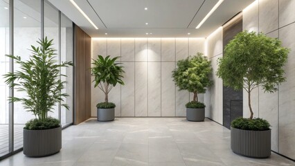 Fototapeta premium Potted greenery p around the perimeter brings a touch of nature inside contrasting beautifully with the sleek modern surfaces. The plants are carefully chosen to maintain the