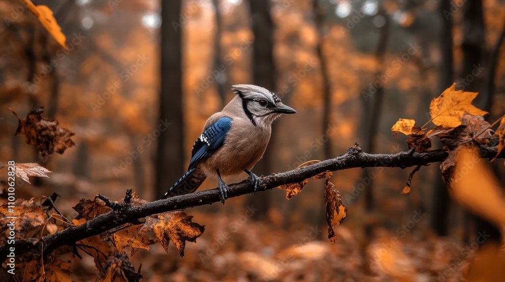 Poster a colorful bird perched on a branch amidst autumn foliage in a tranquil forest setting.