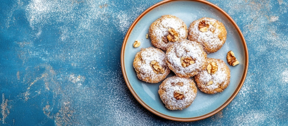 Poster homemade arabic cookies filled with dates and walnuts topped with powdered sugar on a blue backgroun