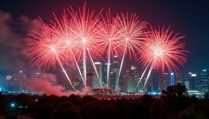Obraz premium Radiant Fireworks in Perfect Synchronization Above a Modern Skyline of Gleaming Skyscrapers at Night