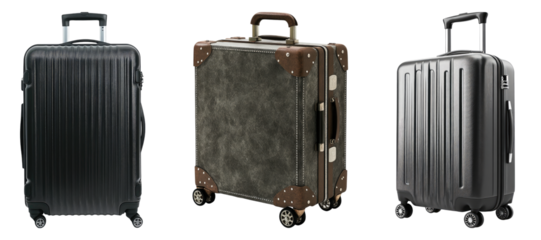 Suitcase with wheel isolated on transparent background, Set of