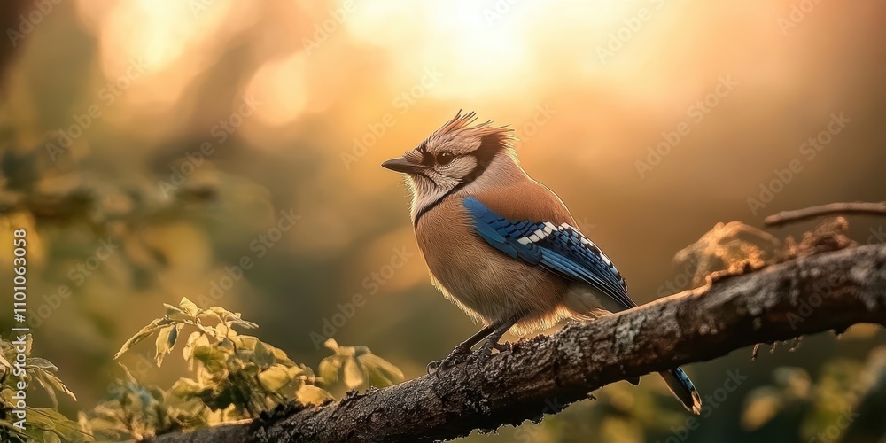 Poster a colorful bird perched on a branch, illuminated by warm sunlight, surrounded by soft foliage in a s