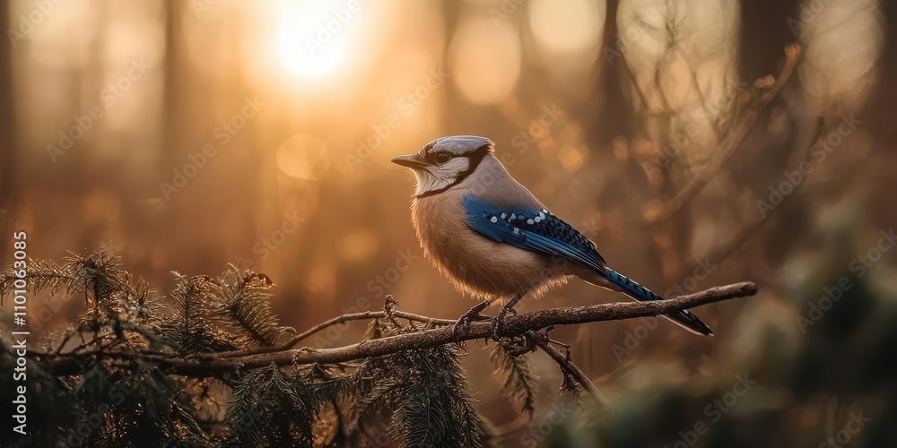 Poster A serene bird perched on a branch, illuminated by golden sunlight filtering through a tranquil forest setting.