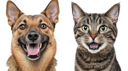 Friendly dog and cat with big smiles posing together, showcasing their playful and affectionate expressions against a white background.