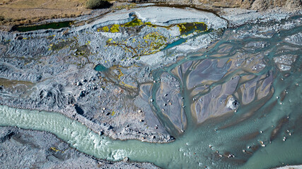 The top view with  ecosystem of the River lagoon Valley and blue water river.