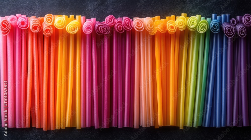 Poster vibrant arrangement of colorful straws forming a gradient pattern on a dark background creating a ch