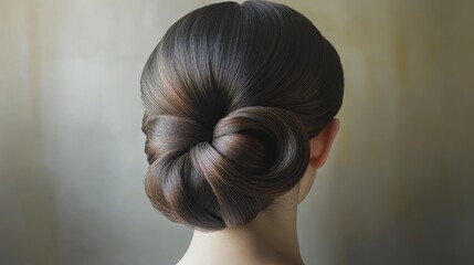 Elegant and intricate upper bun hairstyle showcasing smooth, polished strands ideal for weddings and formal events, viewed from the back.