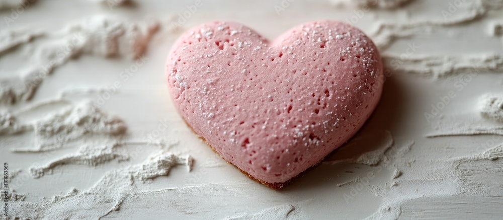Poster pink heart-shaped sugar cookie on a textured white backdrop ideal for romantic or festive themes wit