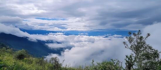 Stunning panoramic summer landscape of misty mountains under a cloudy sky with lush greenery in the foreground.