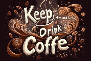 Coffee cup illustration with swirling design, beans, and text "Keep Calm and Drink Coffee". Generative ai