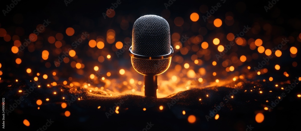 Poster microphone on stage with glowing lights in background symbolizing communication and public speaking 