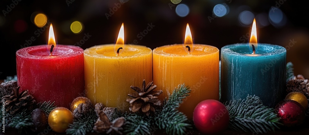 Poster advent candles in vibrant colors with pinecones and ornaments on a dark background creating a festiv