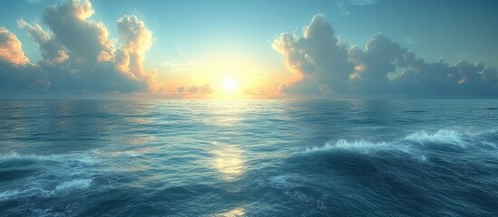 Obraz premium Tranquil sunset over serene ocean waves with vibrant clouds reflecting warm light in the sky. Perfect for nature and relaxation themes.