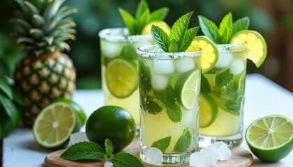Fototapeta premium Vibrant Mojitos With Lime Slices Mint Leaves and Ice Surrounded by Tropical Party Decor
