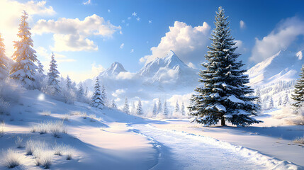 Fototapeta premium Snowy Path Winds Through a Winter Wonderland, Majestic Mountains Rise in the Background, Sunlit Scene