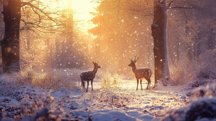 Two Deer in a Snowy Winter Forest Sunset