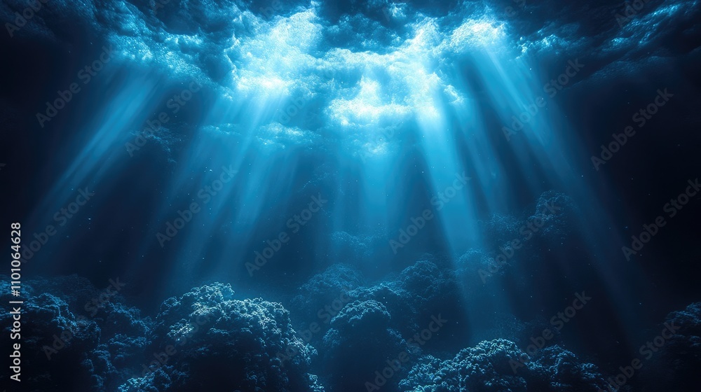 Poster underwater scene with ethereal blue light rays illuminating dark ocean depths creating a serene and 