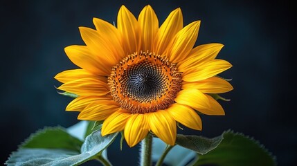 Obraz premium Vibrant sunflower isolated on deep black background showcasing its radiant petals and intricate center details