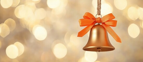 Golden bell with orange bow hanging on rope creating a festive backdrop for Christmas and New Year celebrations with sparkling bokeh lights.