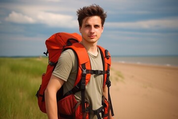 Fototapeta premium A man wearing an orange backpack is standing on a beach