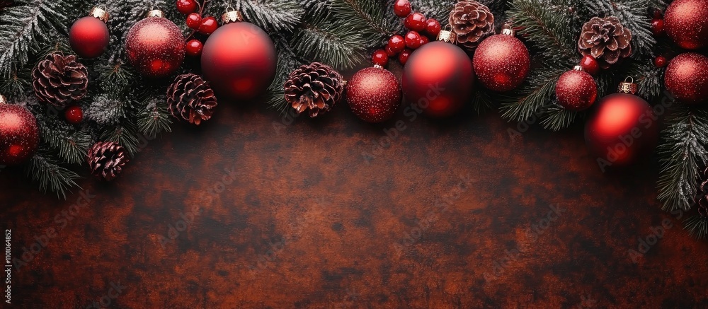 Poster christmas decoration of fir branches with red ornaments and pinecones on a wooden surface creating a