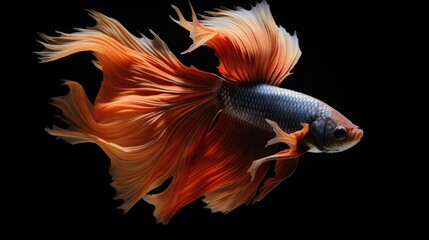 Fototapeta premium Copper Halfmoon Betta Fish with flowing fins swimming gracefully against a striking black background showcasing vibrant colors and elegance.