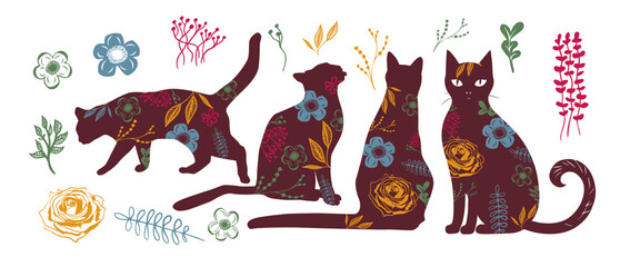 Fototapeta premium Set of cat silhouettes with flowers. Not AI, Vector illustration