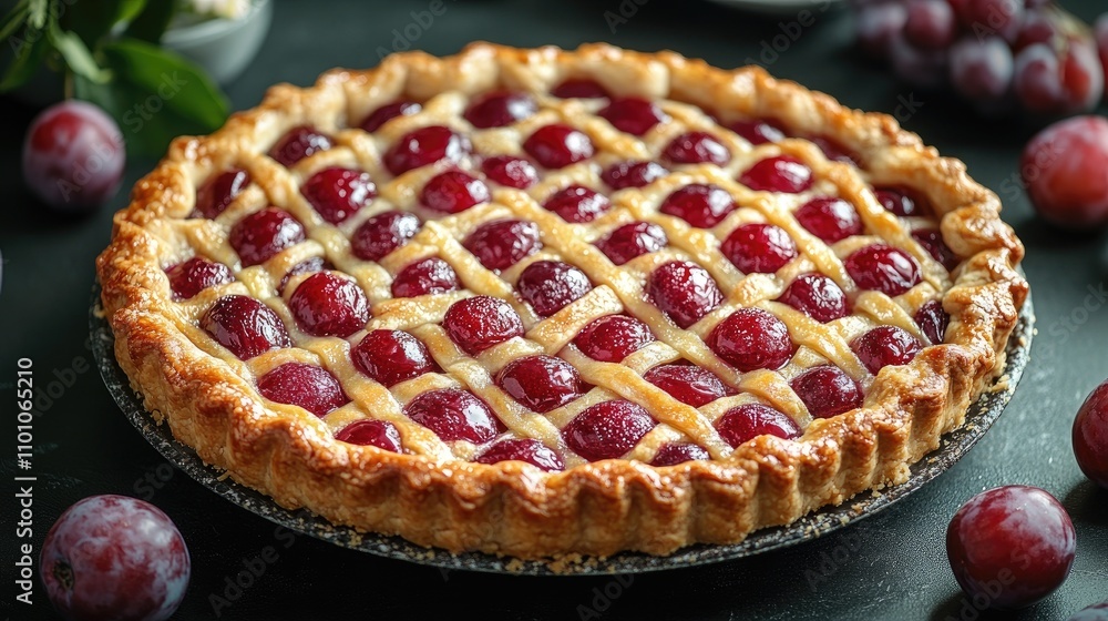 Poster aerial view of a delicious plum pie with a golden lattice crust and fresh plums surrounding it on a 