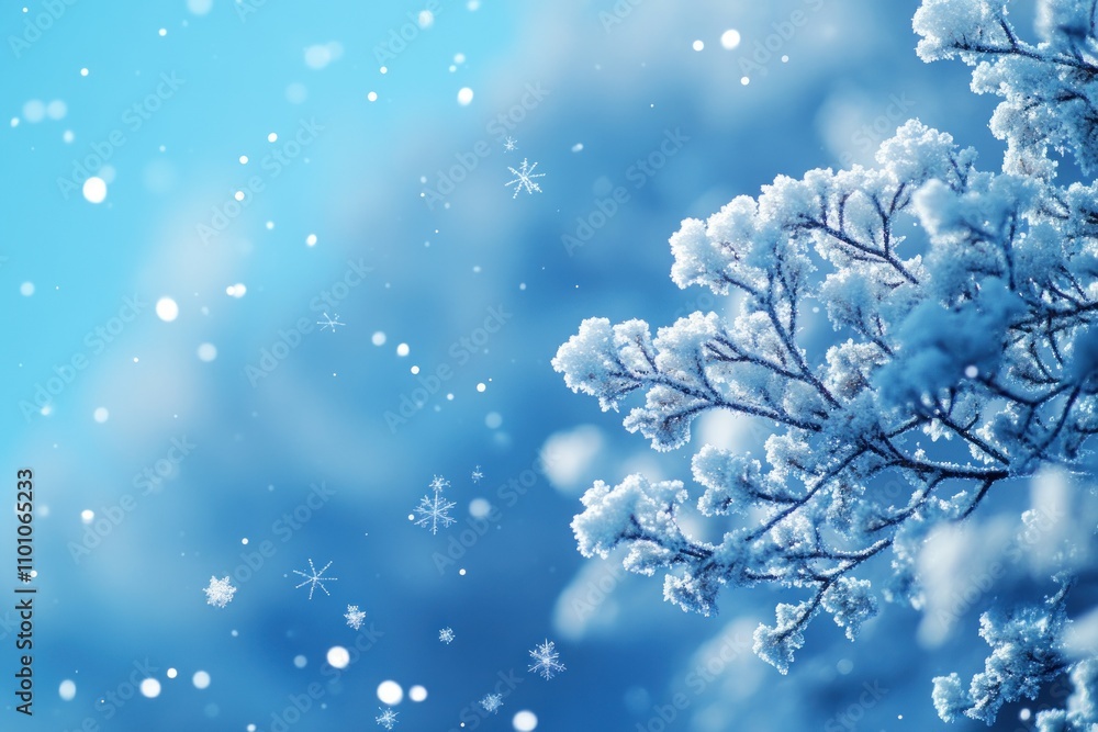 Poster a close-up shot of a snow-covered tree branch against a blue, bokeh background with falling snowflak