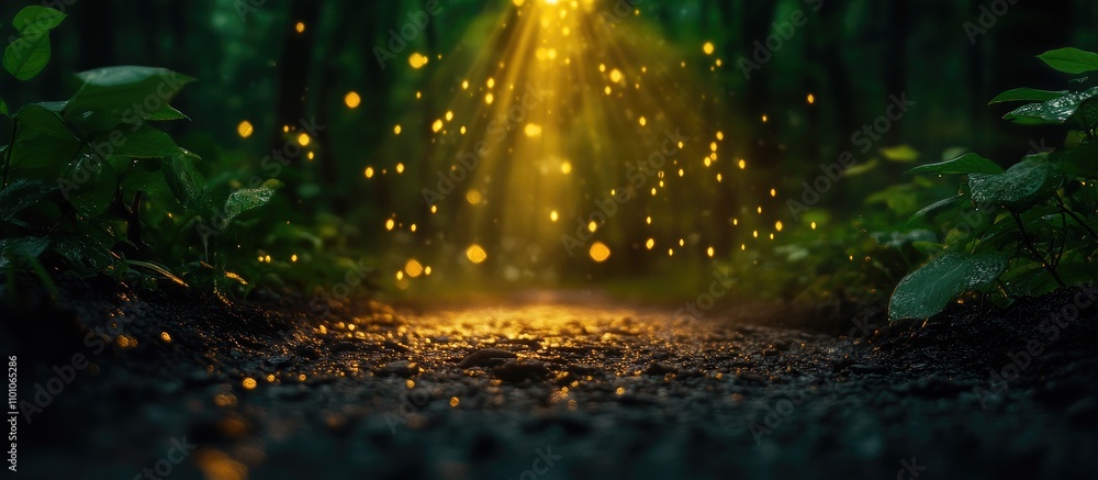 Poster enchanting forest path illuminated by golden rays and soft bokeh effects evoking tranquility and mor