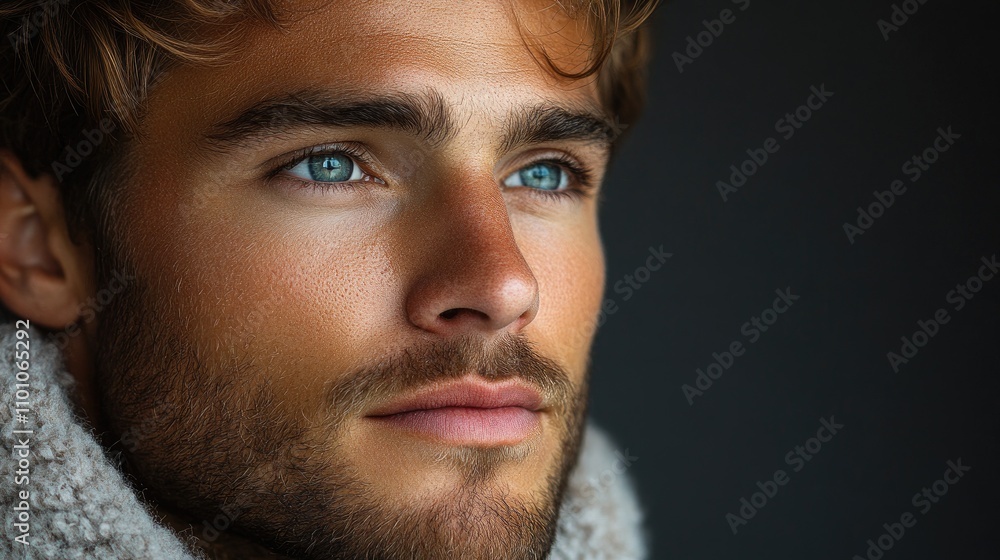 Poster portrait of a handsome young man with blue eyes and stubble captured in a studio setting with a dark