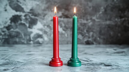 Red and green candlesticks symbolizing cryptocurrency market volatility on a marble surface, used for analyzing price trends and trading signals.