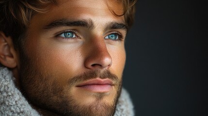 Obraz premium Portrait of a handsome young man with blue eyes and stubble captured in a studio setting with a dark background and soft lighting