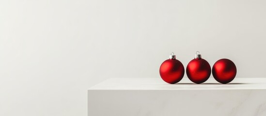 Christmas ornaments red balls arranged on a minimalist white table with ample space for seasonal text or holiday messages