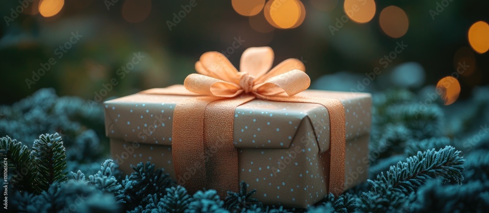 Poster elegant christmas gift box with a delicate ribbon placed on frosted pine branches creating a festive