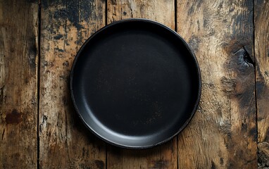 Black plate on a rustic wooden table.