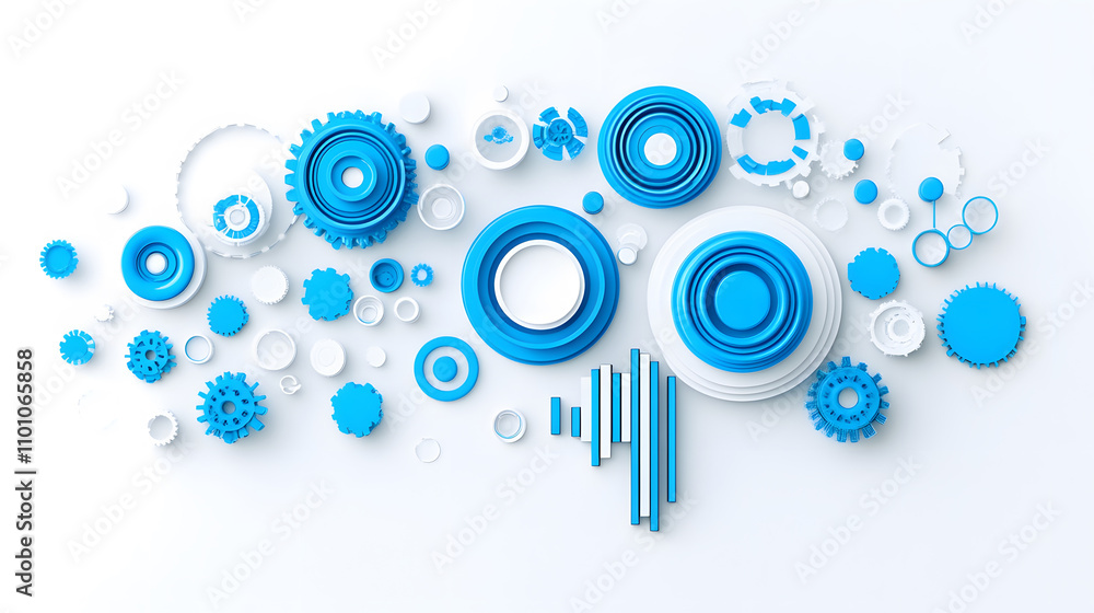 Poster A vibrant arrangement of blue and white circular shapes and gears, creating a modern, abstract design with a dynamic visual appeal