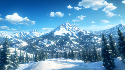 Obraz premium A serene winter landscape featuring majestic mountains, snow-covered hills, lush pine trees, and a clear blue sky with fluffy clouds