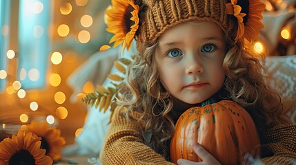 Curly-Haired Toddler Celebrating Thanksgiving, Holding a Stuffed Pumpkin While Wearing a Scarecrow Hat, with Sunflowers and Orange Lights in a Cozy Autumn Living Room