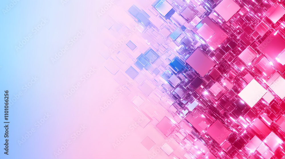 Poster a vibrant abstract background featuring a gradient of blue and pink hues, with shimmering squares cr
