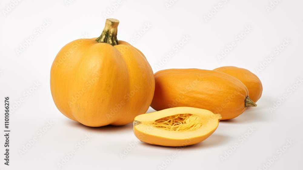 Poster butternut squash group with one cut open on a white background showcasing its vibrant orange color a