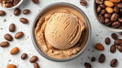 Creamy medium brown ice cream in a grey bowl, topped with a scoop, surrounded by almonds and coffee beans on a textured surface.