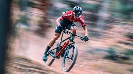 Mountain biker speeding through a forest trail on a rugged terrain in the afternoon
