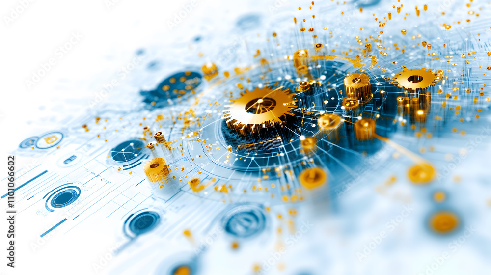 Poster An abstract design featuring intricate gears and dynamic patterns in blue and gold, symbolizing technology and innovation